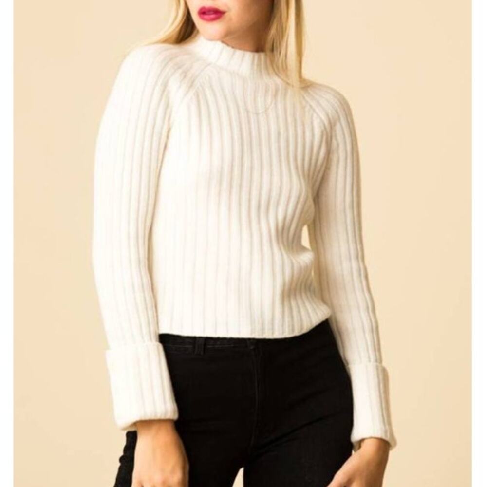 Vince Button Cuff Sweater Ivory Cashmere Wool Mock Neck Pullover Women's M